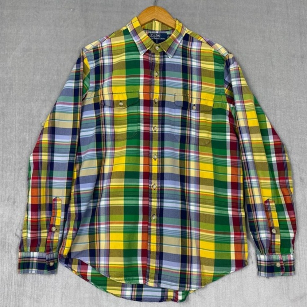 Vtg Polo by Ralph Lauren Button Up Mens L Madras Plaid Long‎ Sleeve Preppy